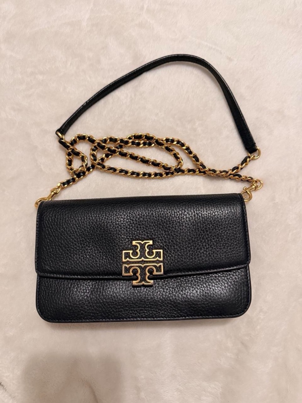 Tory Burch Black Pebbled Leather Shoulder Bag with Gold Hardware